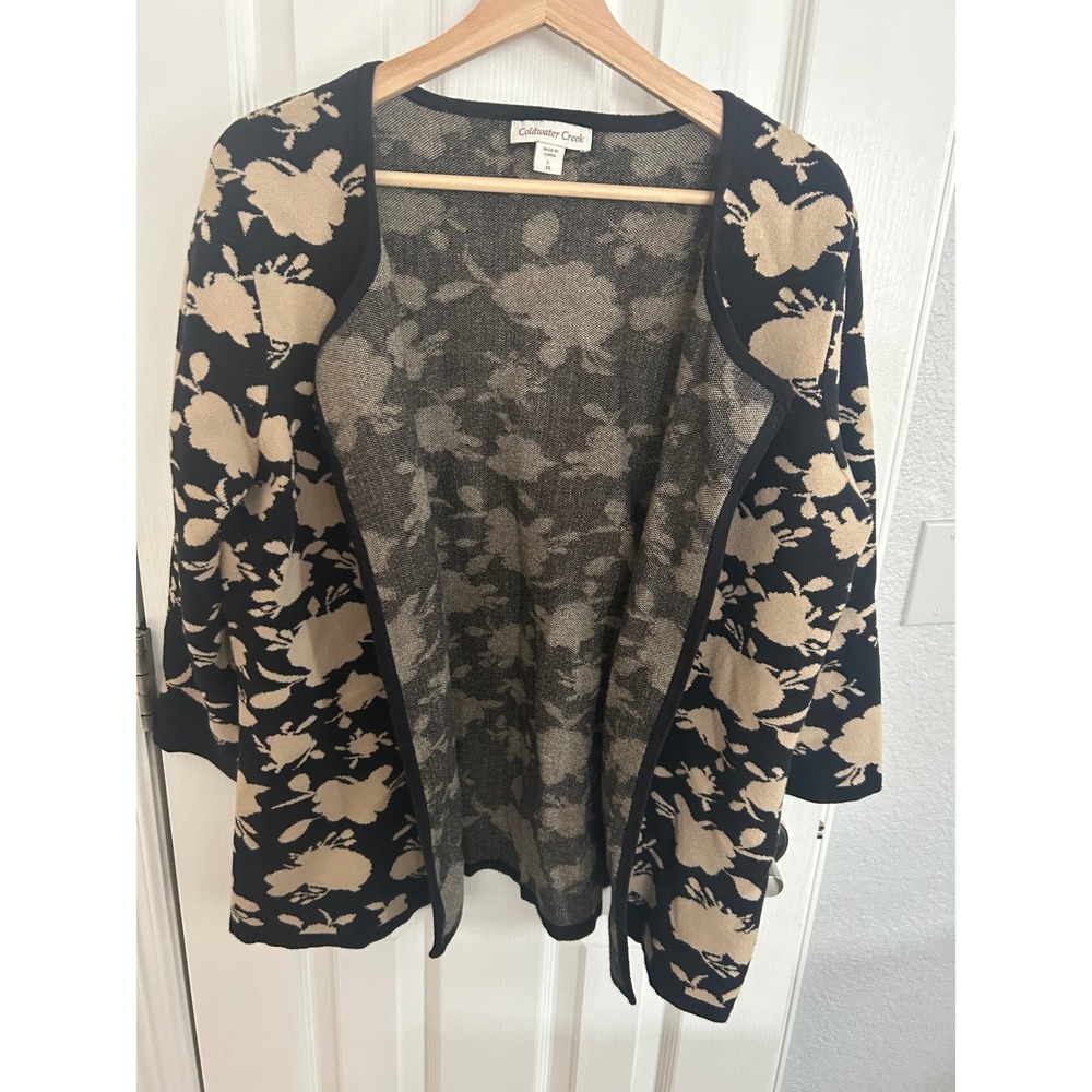 Coldwater Creek Floral Jacquard Open Front Cardigan Sweater Black Tan L 14